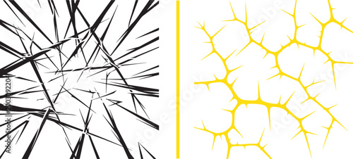 Abstract vector illustration of sharp black spikes and yellow thorny web patterns isolated on white background