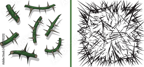 Vector illustration of thorny green branches and a dense black thorn thicket isolated on white background