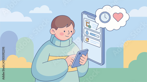 Man using smartphone with heart and clock on thought bubble outdoors