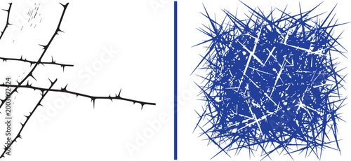 Abstract thorny branches and dense blue spiky cluster vector illustration isolated on white background