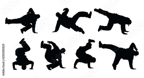 Dynamic breakdancing silhouettes a collection of energetic poses and athletic movements