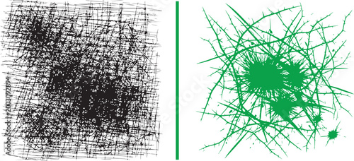 Abstract black crosshatch texture and green thorny splatter vector illustration isolated on white background
