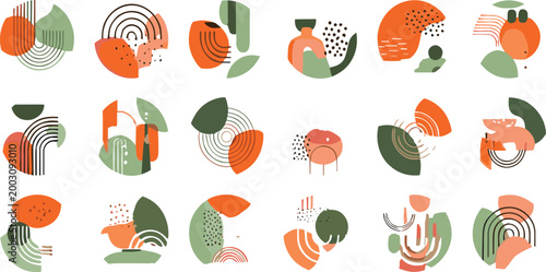 Abstract geometric shapes collection with organic forms, lines and textures in modern earthy colors, creative flat vector set for contemporary design, branding, and artistic backgrounds