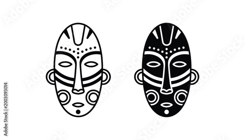 Traditional african tribal mask illustrations featuring two variations in line art and solid black styles for ethnic art projects and cultural heritage design assets