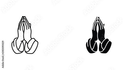 Pair of praying hands icons in line art and solid black styles representing hope faith prayer and spirituality in a minimalist graphic design isolated on a white background