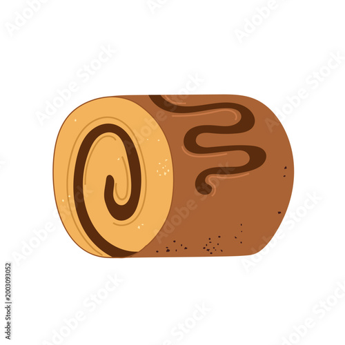 Sweet chocolate swiss roll cake slice with swirl cream and fudge drizzle isolated on white background. Flat vector illustration of a tasty bakery dessert or sponge cake.