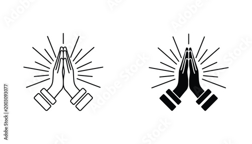 Praying hands icon set with radiant sunburst effect in line art and solid black styles for spiritual and religious design applications isolated on white