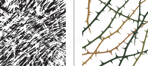 Abstract black and white grunge texture and thorny vine vector illustration set isolated on white background