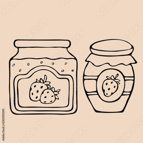 Set of two strawberry jam glass jars with labels in hand-drawn doodle style. Minimalist black ink vector illustration of homemade berry preserve isolated on beige background.