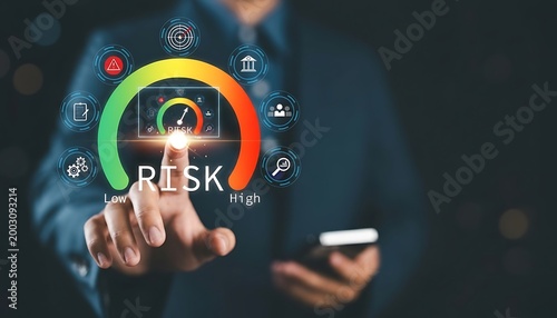 Professional evaluating business risk level using digital gauge indicator from low to high. Concept of risk management, financial analysis, strategic decision making, corporate assessment.