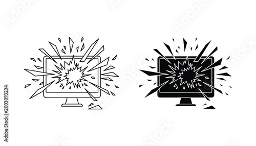 Shattered computer screen icon set with explosive glass fragments depicting digital crash or hardware malfunction in high contrast black and white vector illustration for tech support design
