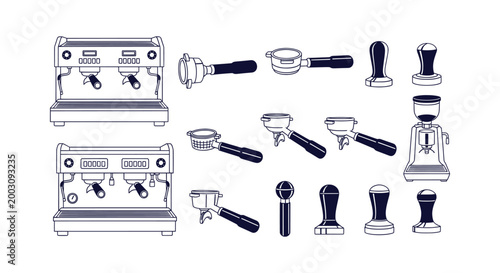Professional Coffee Machine and Barista Tools Icon Set Isolated Vector Illustration on White Background
