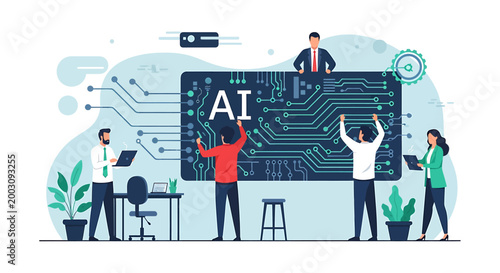 Team of people building artificial intelligence technology concept.