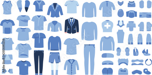 Clothing icons set with shirts, jackets, pants and accessories, fashion apparel collection in modern flat vector style for wardrobe, retail, and textile design