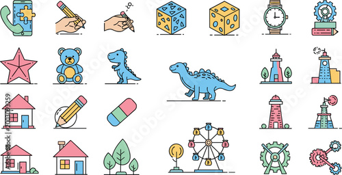 Colorful flat icons set with education, toys, buildings, technology and objects, modern vector illustration collection for kids design, learning, and creative projects