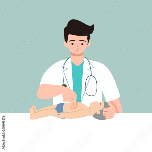 Doctor doing CPR massage to infant providing first aid for heart attack.