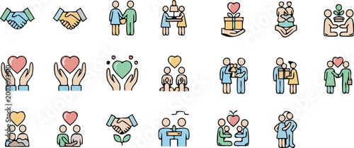 Community care and support icons set with helping hands, charity, teamwork and love symbols, flat vector illustration for social services, volunteering, and human connection design