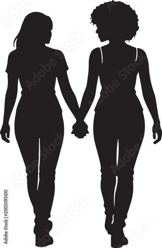 two women holding hands walking together silhouette