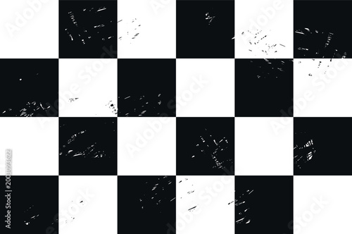Grunge checkered seamless pattern with black and white squares. Distressed chess board background with dust and scratches texture. Vector illustration for racing flag, sports, and retro design.