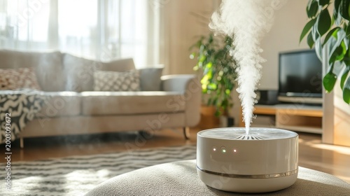 A modern humidifier releasing steam in a cozy living room setting.