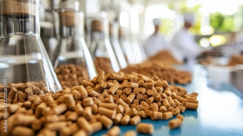 A close-up of pellets on a table with lab equipment and chefs in the background.