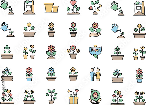 Gardening and plant care icons set with flowers, watering cans, pots and growth elements, flat vector illustration for nature, home garden, and eco lifestyle design