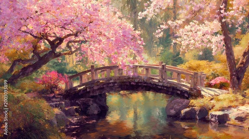 sunlit Japanese garden with blooming cherry trees reflected in a quiet pond