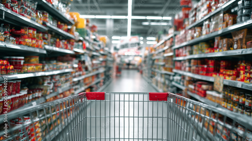 Naklejka premium A shopping cart in a grocery store aisle with shelves stocked with various products and food items on both sides
