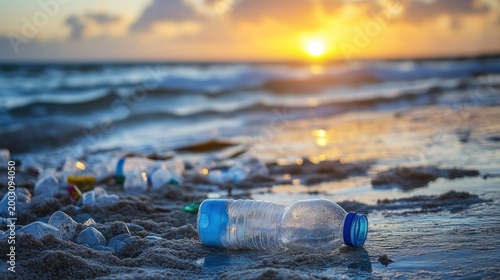 A plastic bottle lies on the beach at sunset, highlighting environmental pollution.