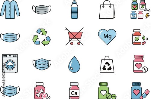 Health and sustainability icons set with masks, vitamins, recycling, water and eco products, flat vector illustration for wellness, hygiene, and environmental care design