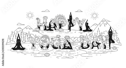 Happy Yoga Day vector illustration with nature landscape and figures