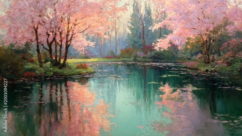 sunlit Japanese garden with blooming cherry trees reflected in a quiet pond