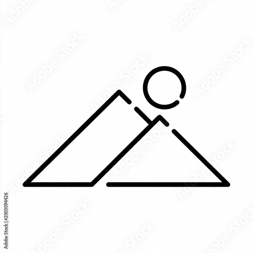 Stylized abstract mountain and sun line art icon embodying minimalist design concepts for tranquil natural landscapes. Clean graphic representation of dawn or dusk serenity for branding
