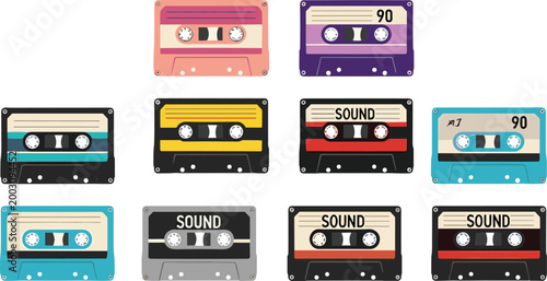 Retro cassette tapes collection with colorful vintage audio cassettes, flat vector illustration for music, nostalgia, recording, and classic sound design projects
