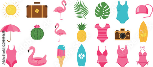 Summer beach vacation vector set featuring swimsuits, sunglasses, flamingo float, tropical elements, sun, surfboards and accessories, colorful flat design collection for travel lifestyle