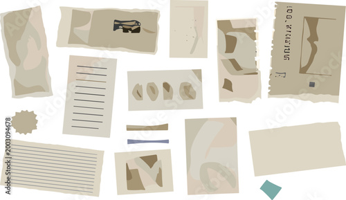 Vintage paper textures and old document elements set with torn edges, stains and retro backgrounds, flat vector illustration for scrapbooking, design, and antique style projects