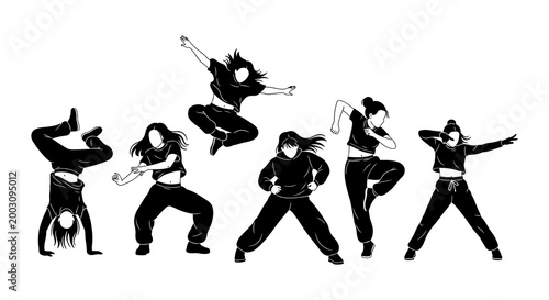 Dynamic dance silhouette a group of performers in energetic poses against a white background
