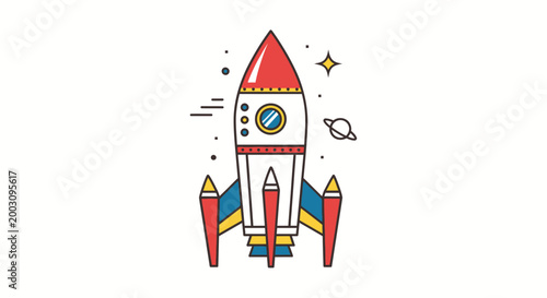 Colorful cartoon rocket ship blasting.