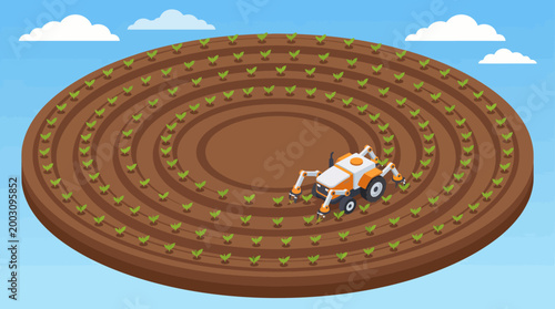 This image depicts a circular farm field featuring a modern tractor-like machine efficiently tending to rows of growing crops in a vibrant agricultural setting.