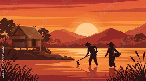 At sunset, two silhouetted fishermen wade through a tranquil lake while a rustic hut stands nearby, capturing the essence of calm and natural beauty at dusk.