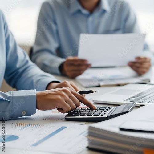 Business professionals reviewing financial documents and using calculator together