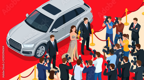 Celebrities grace the red carpet at a prestigious event, surrounded by flashing cameras and eager photographers, showcasing glamour, fame, and high-profile celebration.