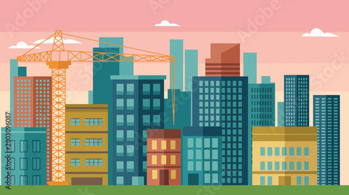 A colorful urban skyline illustration showcasing modern skyscrapers and a construction crane, representing growth, development, and the vibrant energy of city life at sunset.