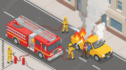 This dramatic image shows firefighters working together to extinguish a car fire, exhibiting bravery and teamwork in emergency situations on urban streets.