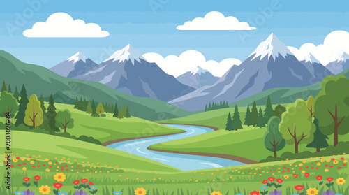 This picturesque mountain landscape features lush greenery, a flowing river, and vibrant flowers, representing the beauty of nature and outdoor adventures.