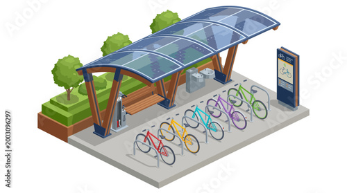 An eco-friendly bicycle station design showcasing solar panels, perfect for urban environments promoting sustainable transportation. A blend of technology and nature.