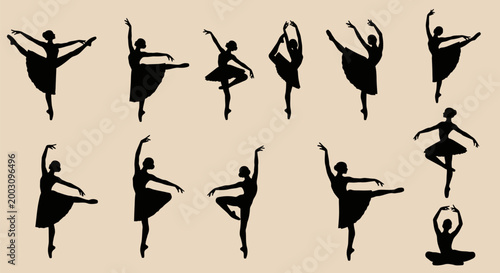 Silhouette of ballet dancer poses.
