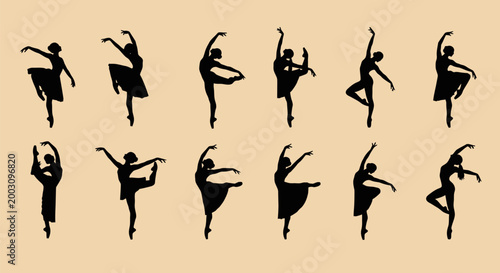 Silhouettes of ballet dancers in motion.