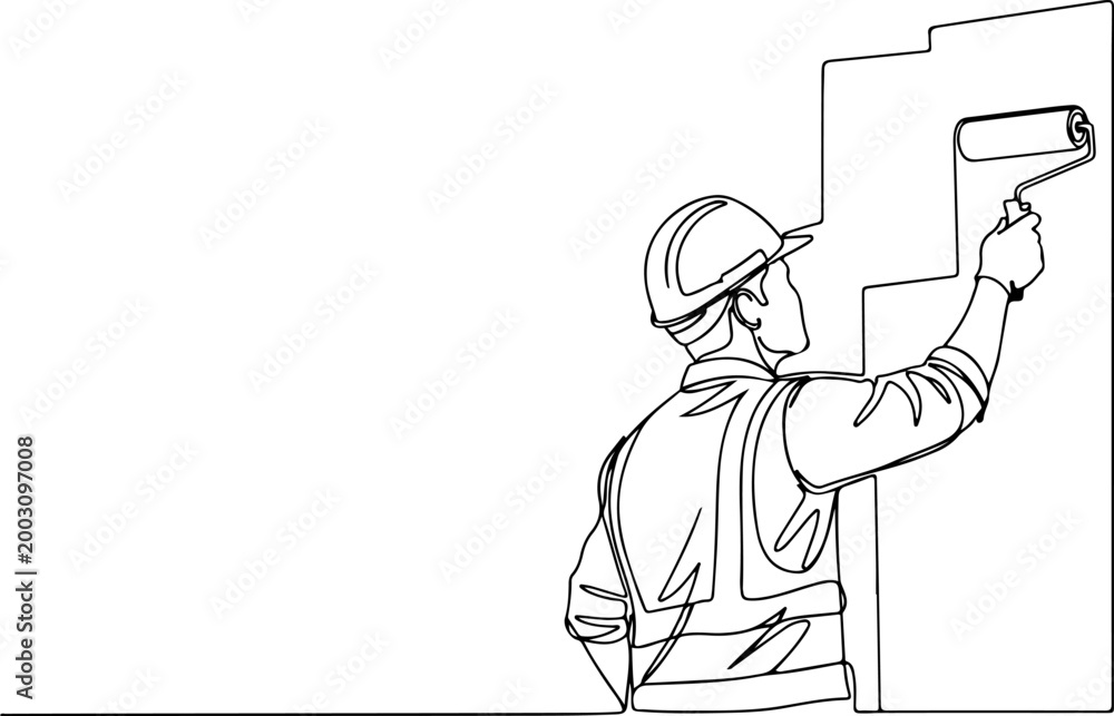 Obraz premium Continuous one line of a construction worker painting a wall with roller brush, representing finishing work and renovation, style hand drawing vector illustration.