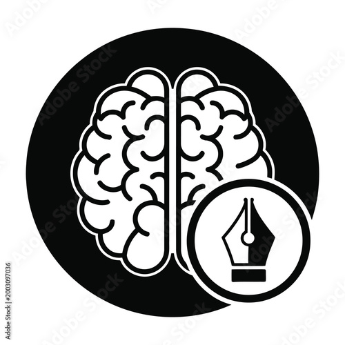 Brain with pen nib symbol inside circle logo